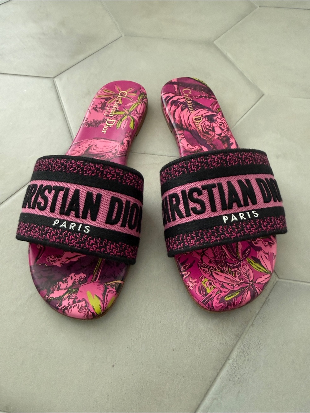 Dior Pink Floral Slide Sandals with Black Logo Strap